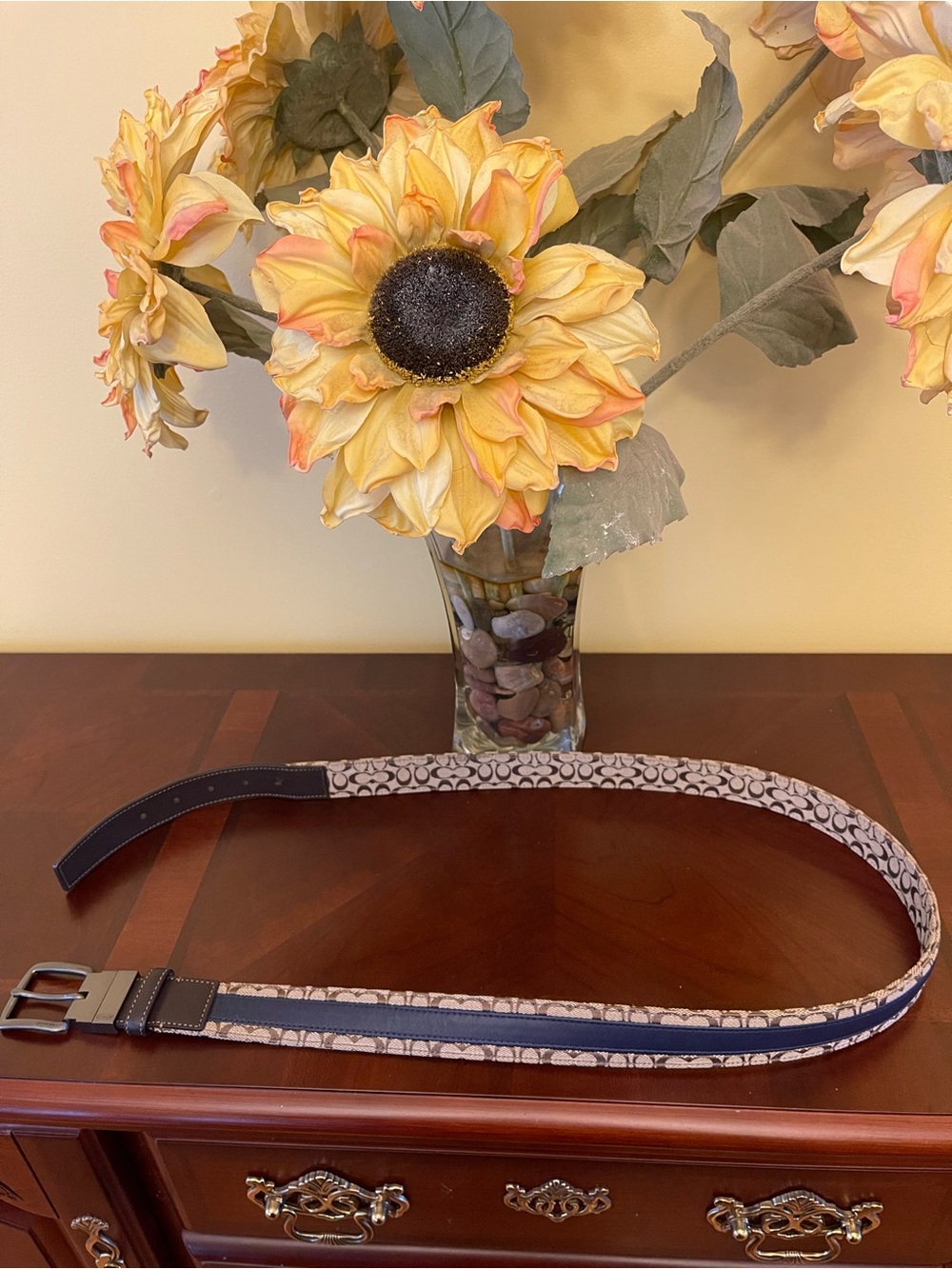 Men’s Coach Brown and Beige Signature Canvas Reversible Belt with Brown Buckle